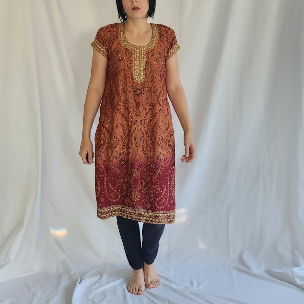Orange, Red, and Gold‎ Embroidered Kurti